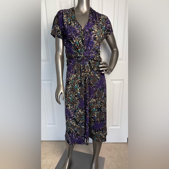 London Times Womens Sz 14 Purple Floral V-Neck Twist Front A-Line Midi Dress - Picture 1 of 11